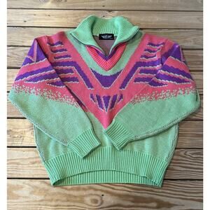 Vintage Fablice 80’s Collared Sweater Size Medium Women’s Green Pink